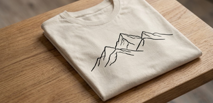 A folded natural-cotton tee printed with a line-art mountain range.